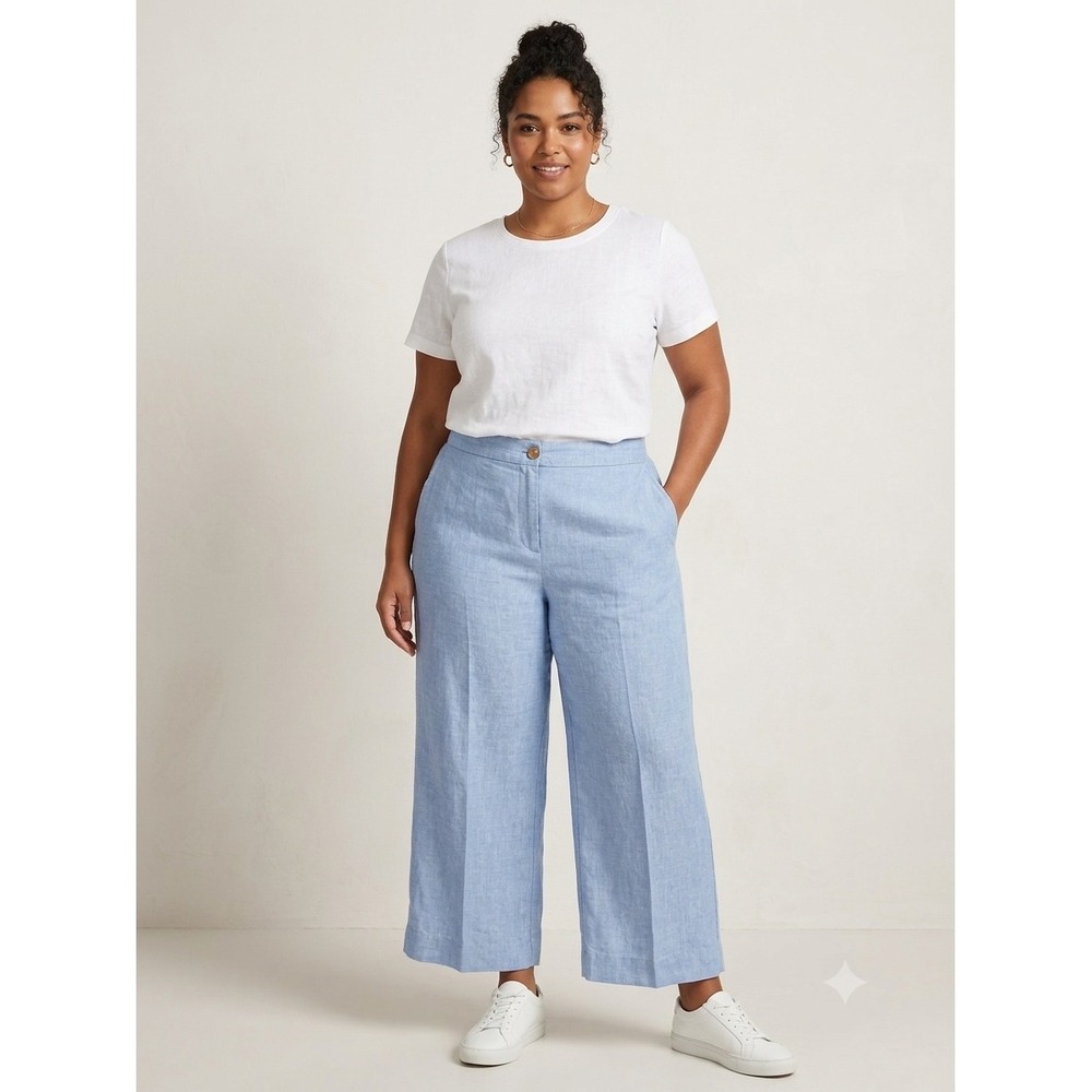 J.Jill Love Linen Blue Wide Leg Crop Pants Womens XL Elastic Beach Casual Breezy
